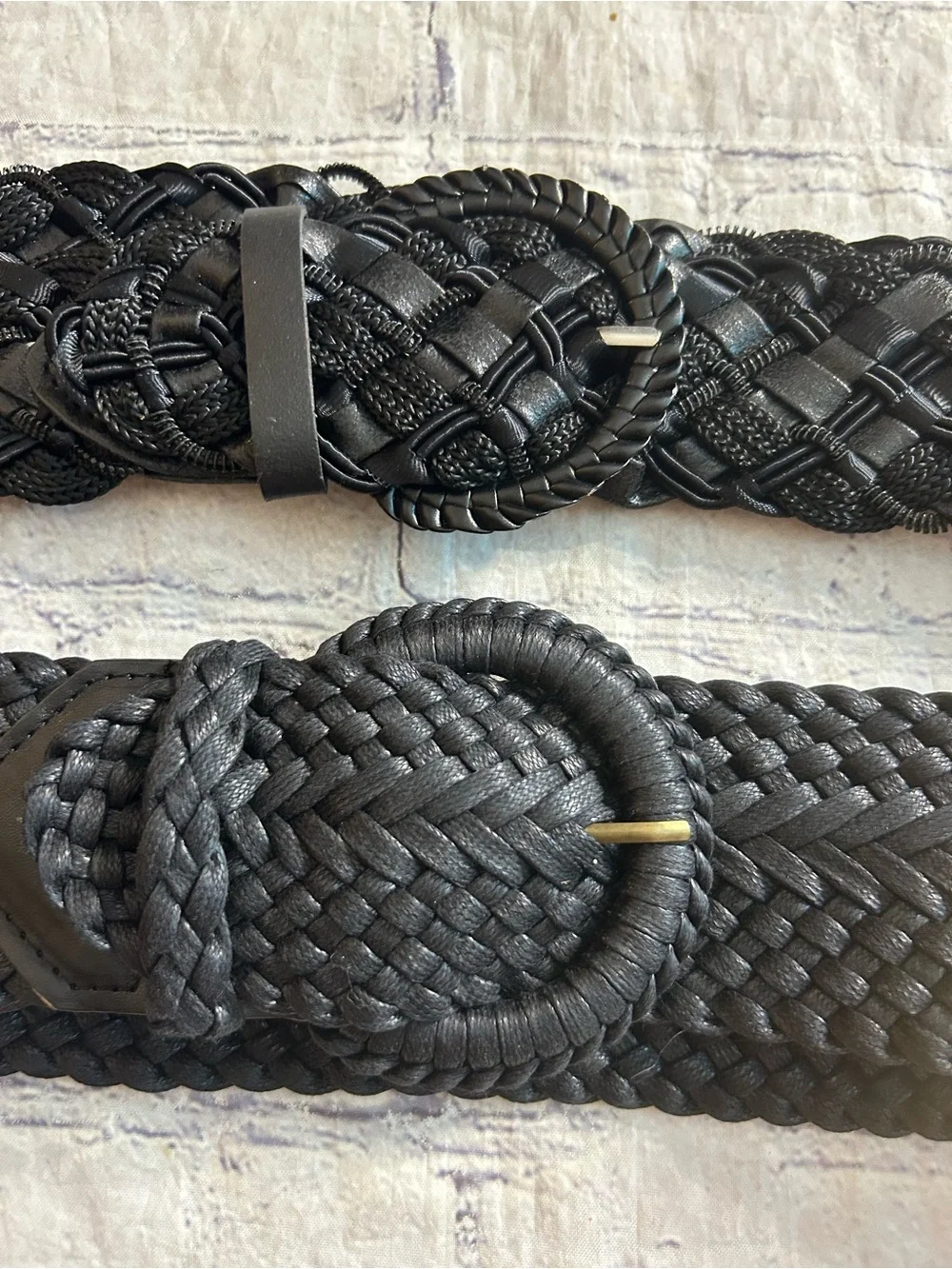 LOT OF (2) BLACK BRAIDED WOVEN WIDE BELTS 100% COTTON & POLYESTER BLEND M/L